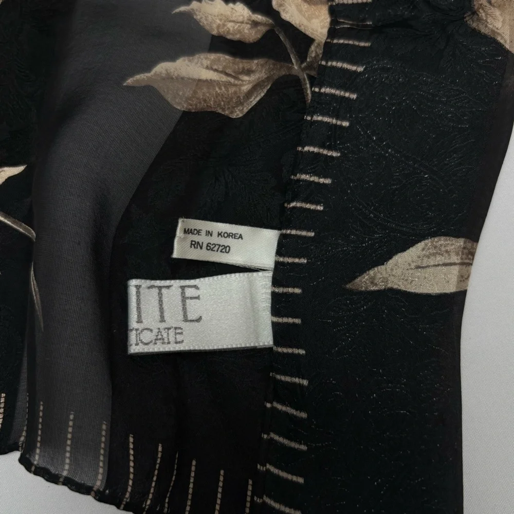Vintage 100% Silk Black and Tan Floral Scarf